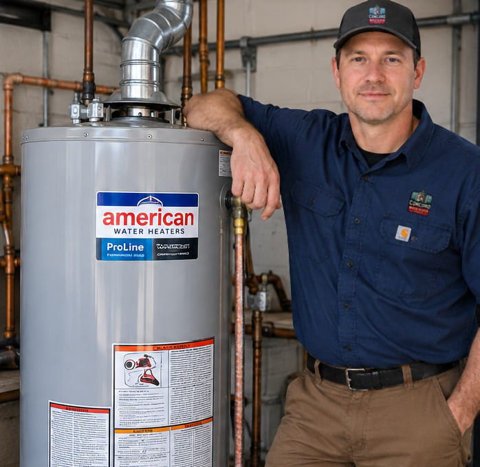 Mike from Concord Water Heater Service next to a new American Water Heaters 40-gallon gas water heater
