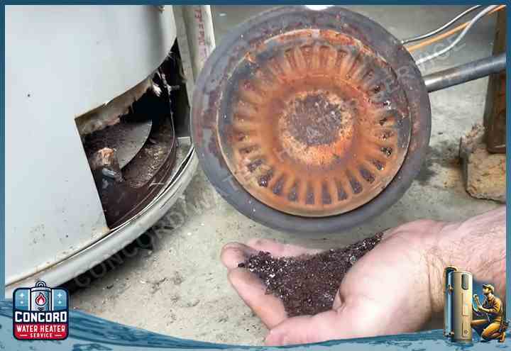 Technician holding sediment removed from gas water heater burner assembly, showing mineral buildup that blocks flame ports and reduces efficiency