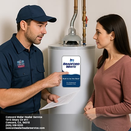 Technician from Concord Water Heater Service reviewing Bradford White water heater details with homeowner during replacement service