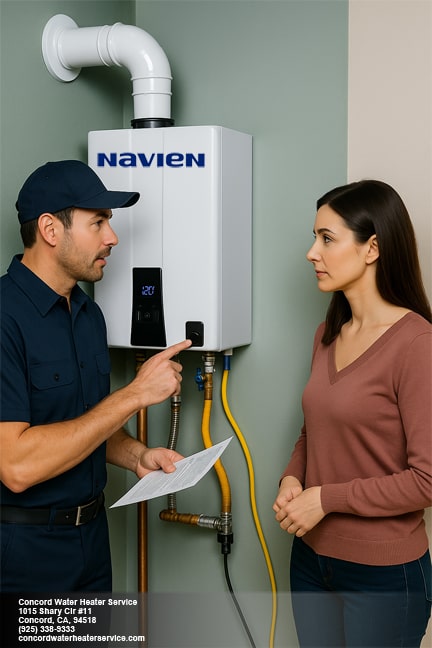 Concord Water Heater Service technician explaining Navien tankless water heater features to homeowner during replacement service