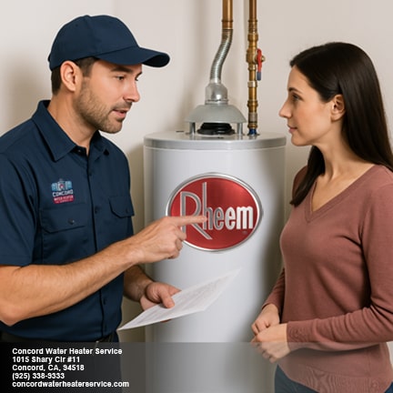 Concord Water Heater Service technician explaining Rheem water heater operation to homeowner during replacement service