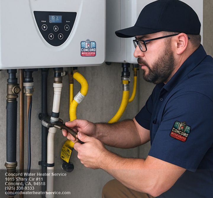 Water heater technician Installing a dual commercial-grade tankless water heater in Walnut Creek
