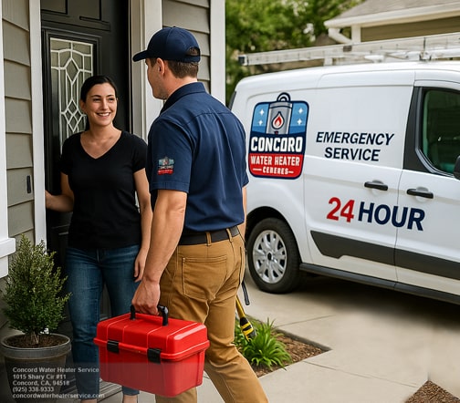 Water heater repair technician on emergency service call in Walnut Creek