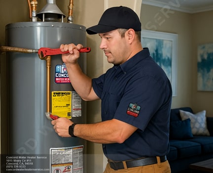 Plumber installing new water heater with proper connections and safety equipment in Walnut Creek home