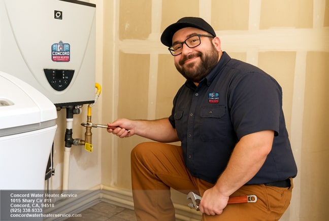 Water heater technician servicing a tankless water heater unit mounted on wall in Walnut Creek home