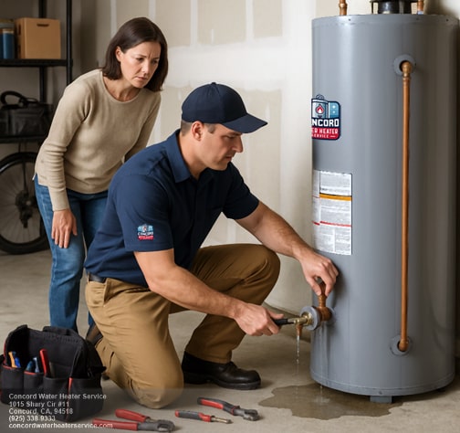 Water heater technician diagnosing a leaking water heater for a customer in Walnut Creek