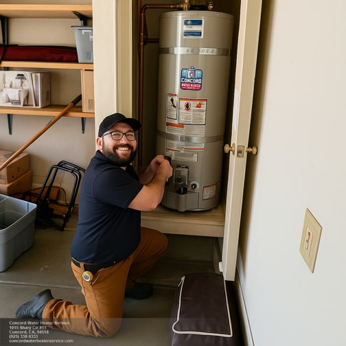 Water heater service technician removing old water heater for replacement in Walnut Creek residence