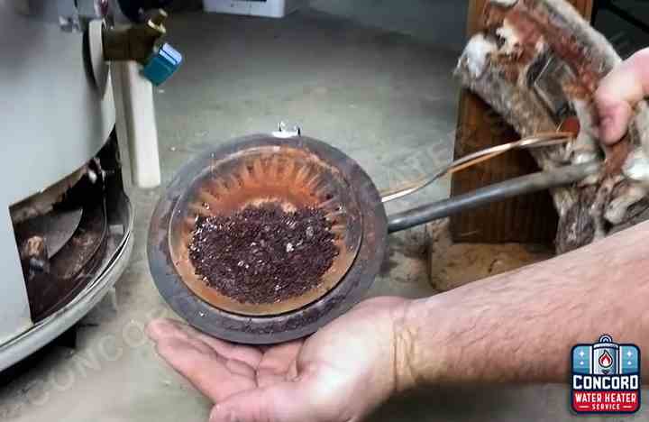 Plumber holding a heating element covered with dark mineral sediment removed from a Concord, CA water heater, showing the internal damage that causes performance issues.