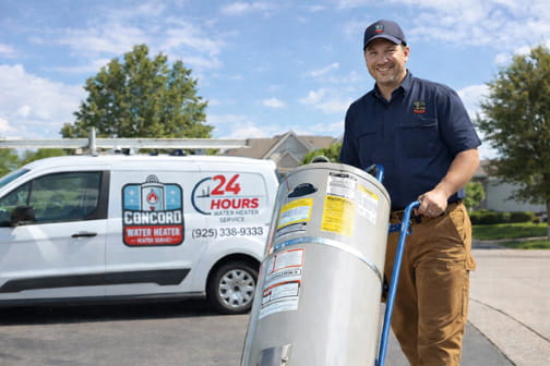 Water heater technician arriving at Pleasant Hill home for service call