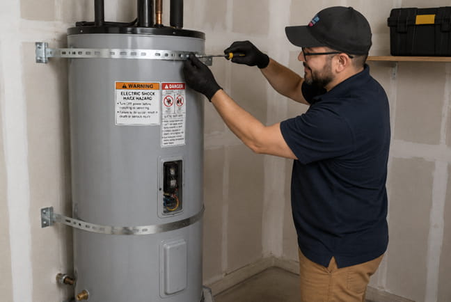 Installing a 50-gallon electric water heater during a replacement project in San Ramon