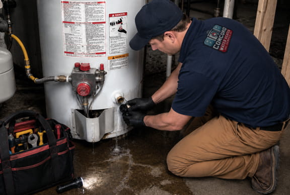 Emergency water heater repair technician stopping a leaking water heater in San Ramon