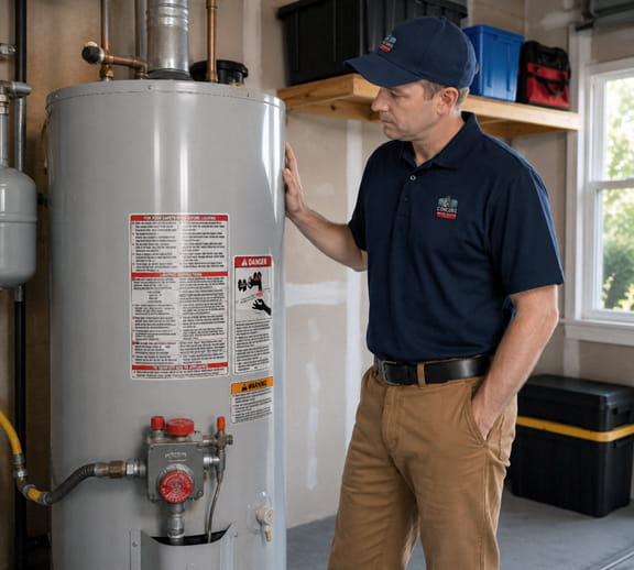 Water heater repair near me — specialist evaluating a residential water heater in San Ramon