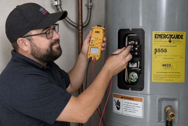Water heater repair technician diagnosing a water heater problem in San Ramon