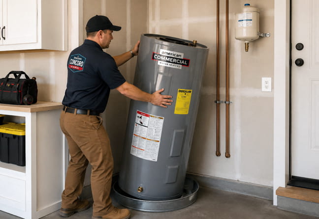 Removing an old water heater and installing a new commercial-grade unit in San Ramon