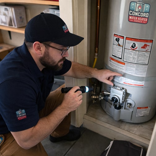 Owner inspecting a water heater in Walnut Creek
