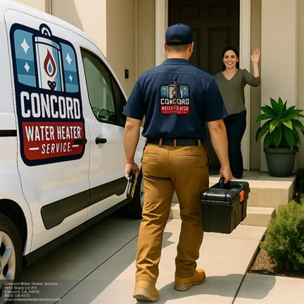 Water heater technician arriving at Walnut Creek home for service call